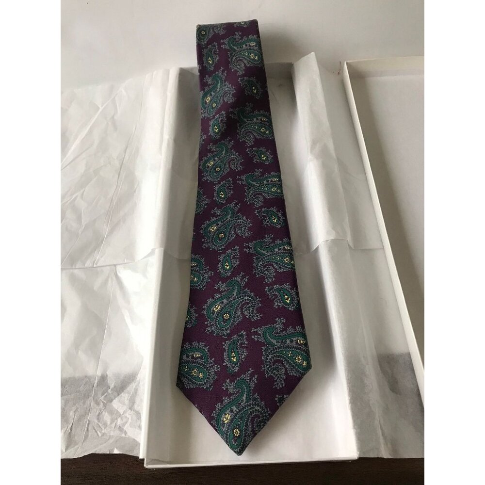 Vintage Hardy Amies Men's Necktie London All Silk Paisley Purple Green Yellow Li